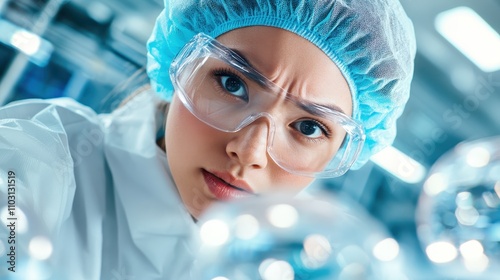 An intense lab technician with furrowed brows, wearing safety goggles and a hairnet, concentrated on examining the details of an experiment in a modern laboratory. photo