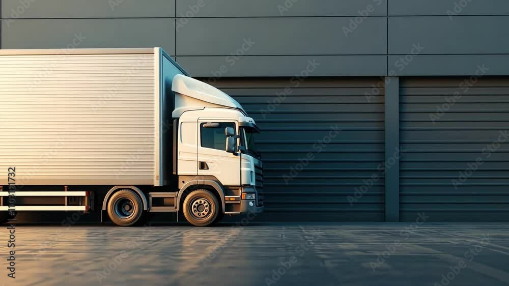 A modern delivery truck parked in front of a sleek warehouse, showcasing transport logistics and urban infrastructure. A modern delivery truck parked in front of a sleek warehouse, showcasing transport logistics and urban infrastructure.