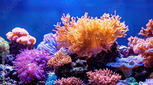 Ethereal coral reef illuminated by golden underwater light, diverse marine life, showcasing vibrant ocean sustainability efforts