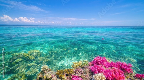 Flourishing coral reef surrounded by crystal-clear water, biodiverse marine life, and vibrant hues, sustainability concept