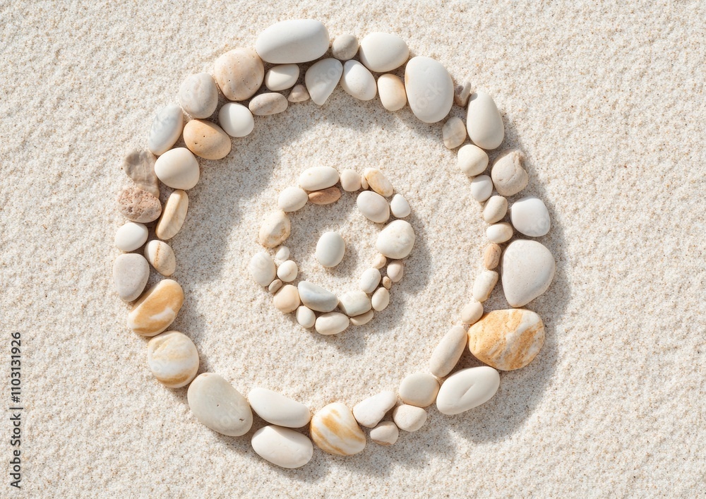 Fibonacci Day Spiral of Pebbles on Sunlit Beach – Ideal for Fibonacci Day, Earth Day, Summer Solstice Celebrations