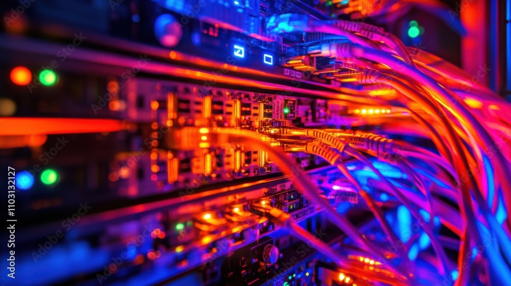 Colorful Data Cables Inside a High-Tech Server Room with Lights Colorful Data Cables Inside a High-Tech Server Room with Lights