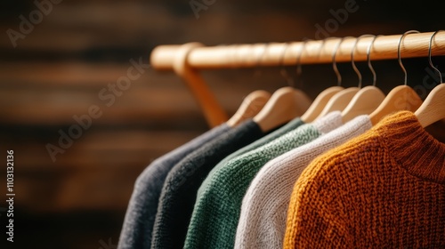 A collection of colorful knitted sweaters neatly hung on wooden hangers in a cozy environment, conveying warmth, comfort, and a touch of fashionably rustic charm. photo