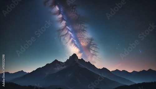 Un impresionante cielo nocturno con la Vía Láctea visible sobre una cadena montañosa recortada. El cielo está lleno de millones de estrellas y una exhibición vibrante y colorida de la Vía Láctea que s photo