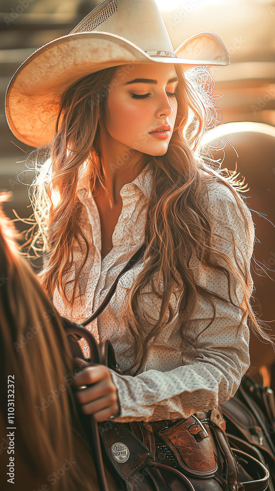 Fototapeta premium Focused Cowgirl Tying Saddle on Horse, Close-Up