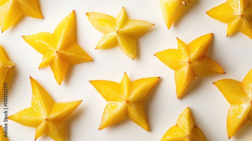 Fresh Carambola Slices Arranged on a White Background Fresh Carambola Slices Arranged on a White Background