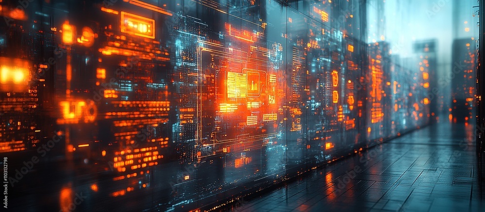 Fototapeta premium A futuristic digital landscape with glowing data panels and a sleek floor.