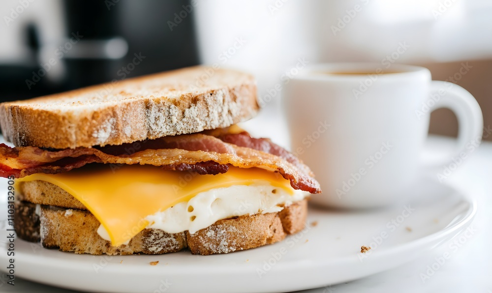 Sandwich with cheese slices and bacon and coffee mug, Generative AI Sandwich with cheese slices and bacon and coffee mug, Generative AI