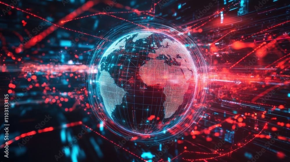 Obraz premium Futuristic Digital World Map with Data Streams and Networks