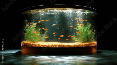 A cylindrical aquarium showcasing vibrant orange fish darting amongst lush green plants and pebbles, under beautifully lit water with dramatic shadows. photo