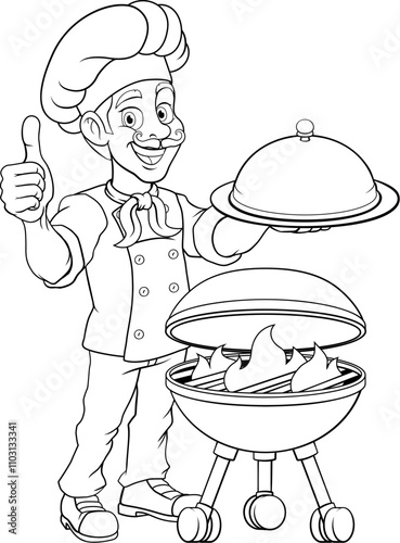 A chef cartoon barbecue cook out brazier BBQ man giving thumbs up and holding a platter plate with cloche mascot character illustration