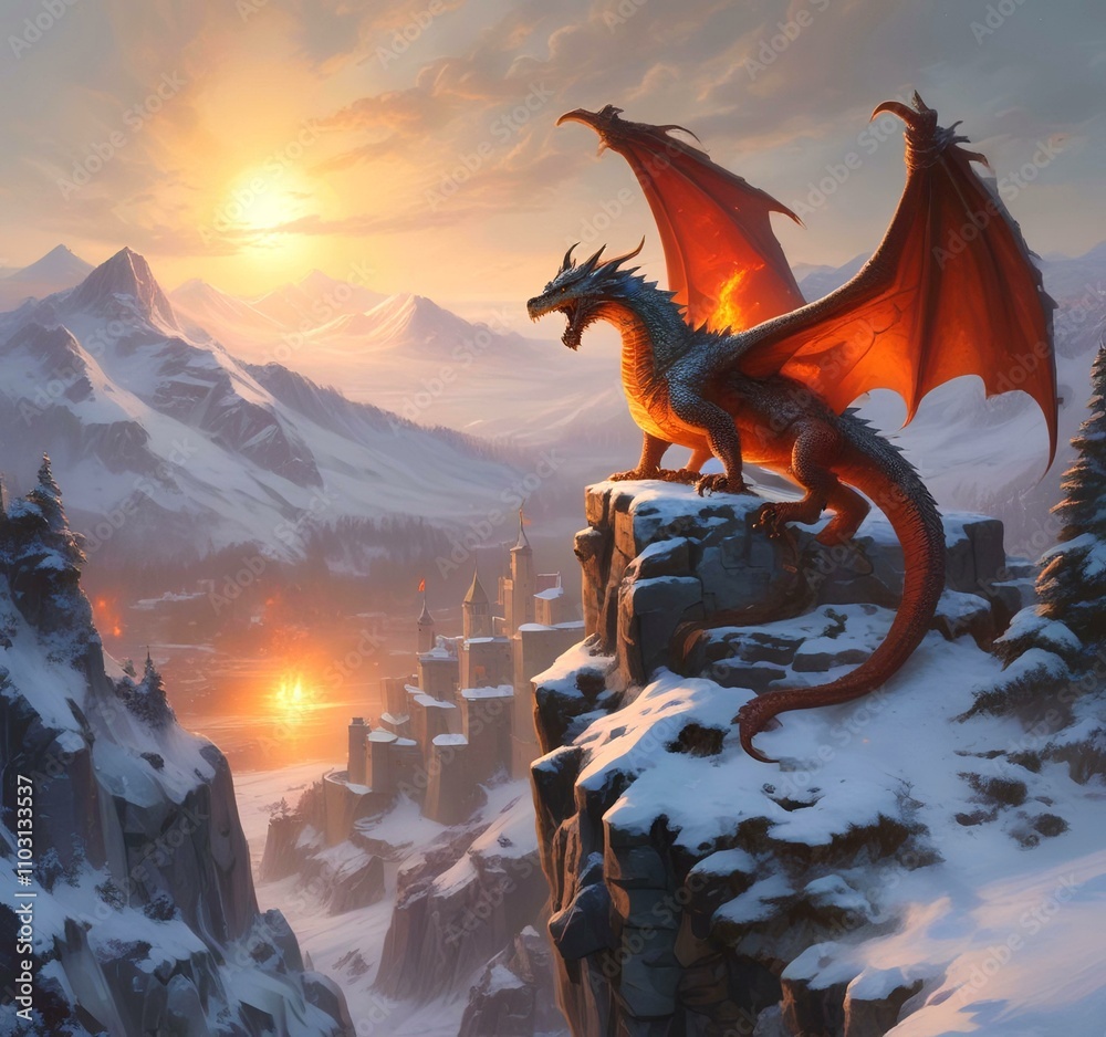 Illustration of dragon sitting on castle wall.