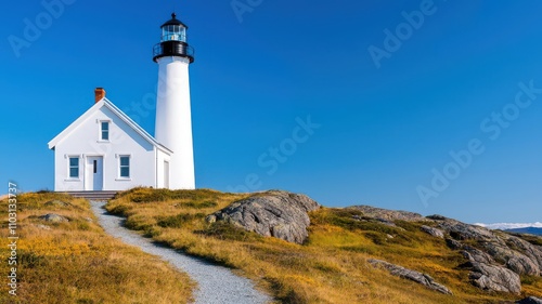 A lighthouselike house on a rocky hill, with a winding path leading up to its front door   lighthouse house, remote hilltop photo