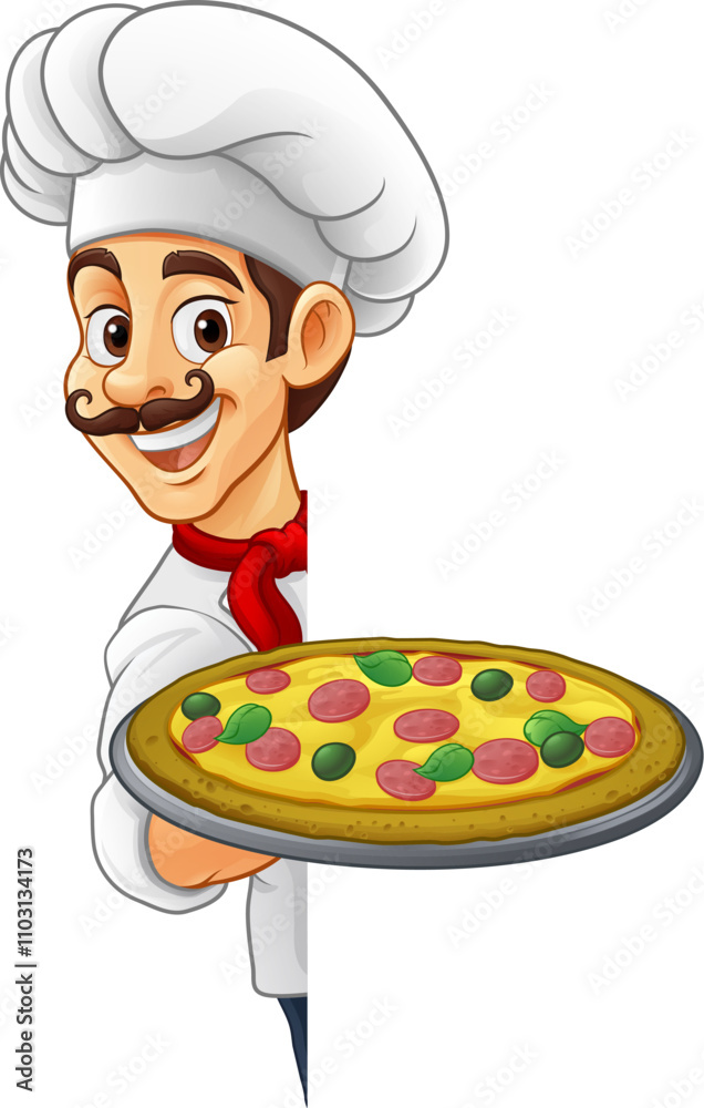 A chef cook holding a pizza cartoon food man mascot character illustration A chef cook holding a pizza cartoon food man mascot character illustration