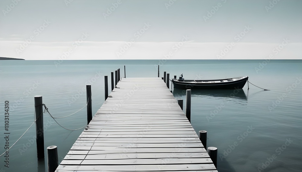 Fototapeta premium Un largo muelle de madera que se extiende hacia un tranquilo océano azul turquesa bajo un cielo azul claro