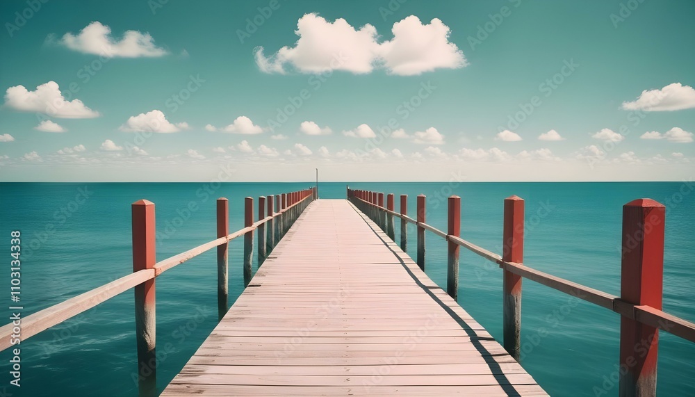 Un largo muelle de madera que se extiende hacia un tranquilo océano azul turquesa bajo un cielo azul claro Un largo muelle de madera que se extiende hacia un tranquilo océano azul turquesa bajo un cielo azul claro
