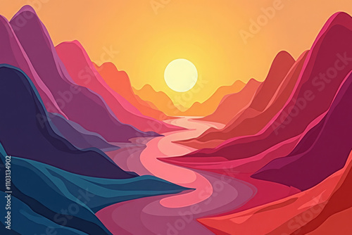 Minimalist sunset landscape in a purple-orange gradient with reflection in a mountain river.  