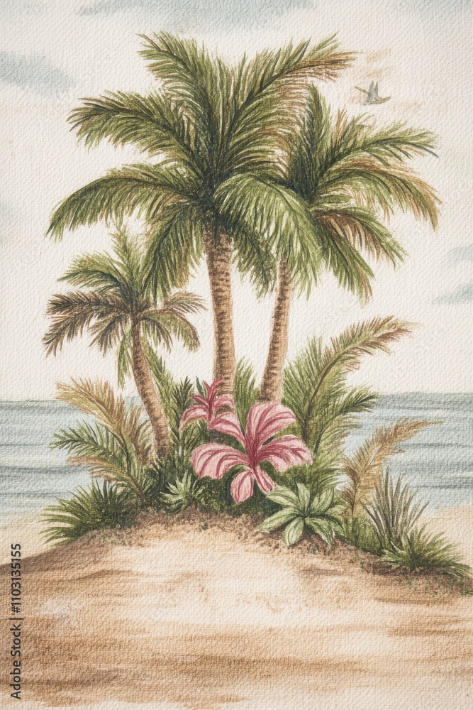 Tropical beach scene with palm trees and ocean view Tropical beach scene with palm trees and ocean view