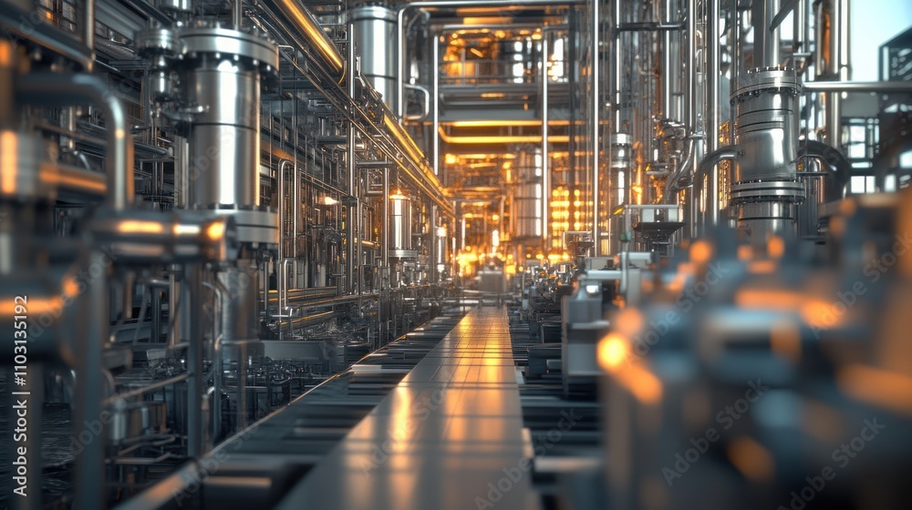 Industrial facility with metallic pipes and glowing lights. Industrial facility with metallic pipes and glowing lights.