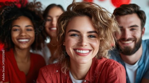 A radiant woman with short hair beams in a casual setting, her friendly demeanor complemented by three friends in the subtly blurred background.