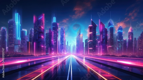 Futuristic Cityscape Neon Lights Digital Art Urban Environment Wide Angle Innovation