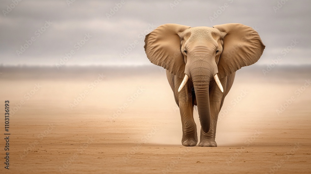 Obraz premium Elephant walking in a sandy landscape under a cloudy sky, symbolizing strength and solitude