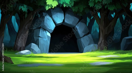 Low-poly magical portal in a mysterious cave