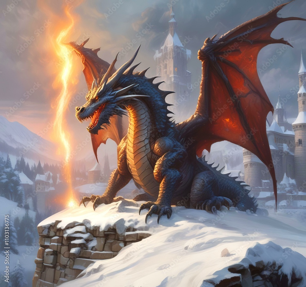 Naklejka premium Illustration of dragon sitting on castle wall.