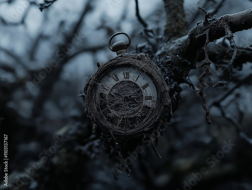 Conceptual image of a melting clock on a tree branch photo