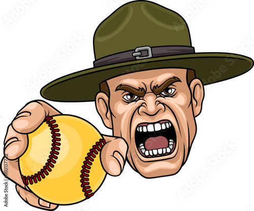 An angry drill instructor or sergeant bootcamp army soldier cartoon character holding softball ball sports team mascot illustration.