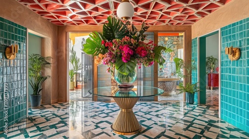 A vibrant Hollywood Regency inspired tiled foyer featuring a round glass table with exotic blooms and a striking geometric-patterned ceiling. 32k photo