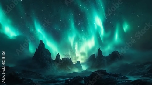 Ancient ruins glowing faintly under the brilliant display of northern lights