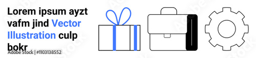 Gift box with ribbon, briefcase, and gear icon with sample text. Ideal for business, corporate gifts, professional services, engineering, marketing teamwork and technology-themed websites. Landing