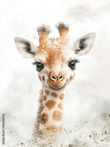 Adorable watercolor baby giraffe illustration with a cute and happy expression for a nursery setting.