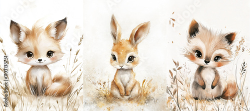 Fototapeta Naklejka Na Ścianę i Meble -  Charming baby animals set in watercolor style perfect for nursery decor and children's illustrations.