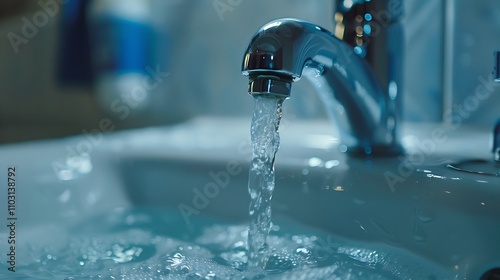 Water flowing from a faucet into a sink, creating ripples in the basin. photo