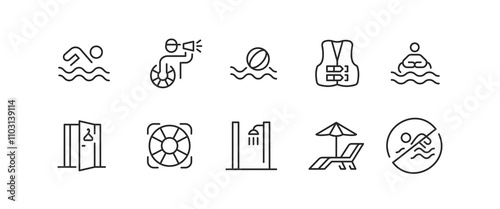 Vacation icons. Set of 10 vacation trendy minimal icons. Examples: Luggage, Water Ball, Life Jacket, Snorkelling icon. Design signs for web page, mobile app, packaging design. Vector illustration