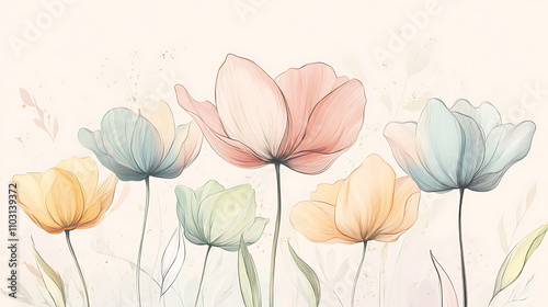 A soft pastel illustration of whimsical cartoon flowers with delicate petals set against a light background 