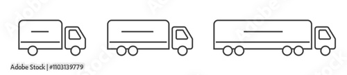 Truck vehicle icon line stroke vector simple graphic set, long semi van cargo freight delivery transport outline linear art illustration silhouette, small big lorry side view, shipping courier shape
