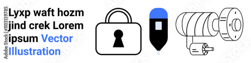 Padlock, USB drive, and security camera icons adjacent to placeholder text. Ideal for cybersecurity, digital data protection, surveillance systems, technological devices, privacy solutions, network