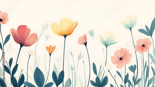 A soft pastel illustration of whimsical cartoon flowers with delicate petals set against a light background 