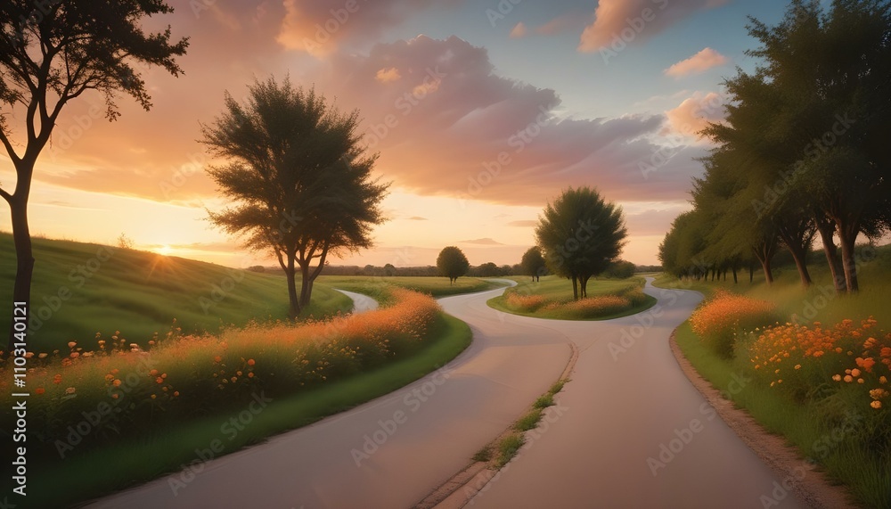 Un camino largo y sinuoso que se extiende a lo lejos bajo un colorido cielo al atardecer con nubes. El camino está rodeado de frondosos árboles verdes y vegetación a ambos lados Un camino largo y sinuoso que se extiende a lo lejos bajo un colorido cielo al atardecer con nubes. El camino está rodeado de frondosos árboles verdes y vegetación a ambos lados