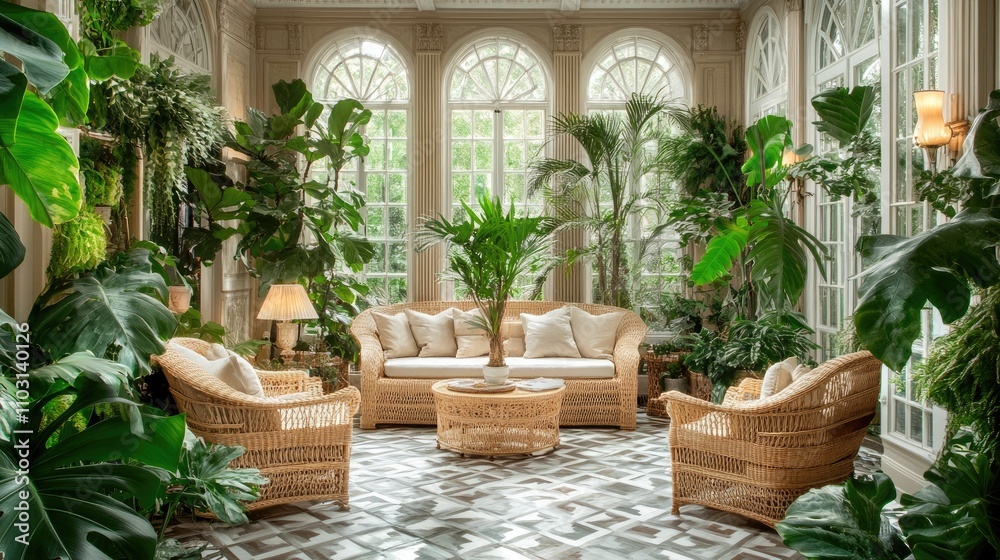 Fototapeta premium An affluent Hollywood Regency conservatory with a variety of exotic plants