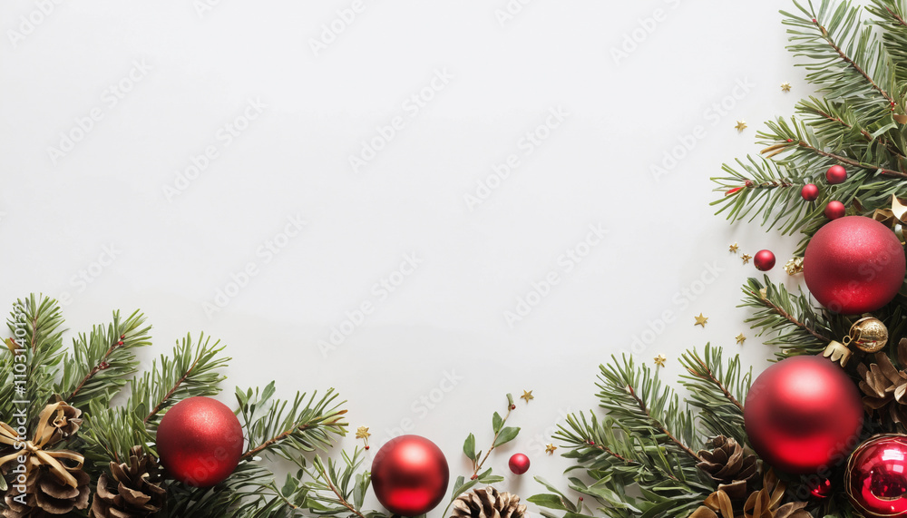 Christmas Branches Border with Christmas Decorations on white Background Christmas Branches Border with Christmas Decorations on white Background