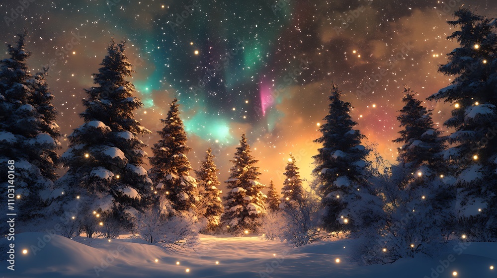 Snow-covered pine trees glowing faintly under a sky filled with colorful aurora lights Snow-covered pine trees glowing faintly under a sky filled with colorful aurora lights