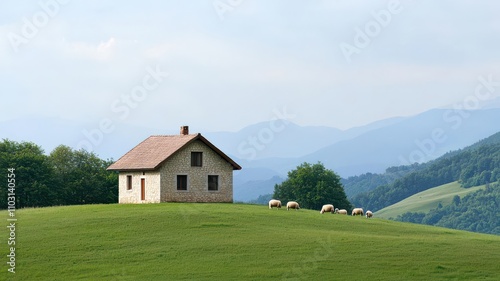 Cozy stone house on a hill, surrounded by rolling green hills and sheep grazing nearby stone house, pastoral scene