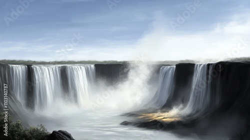 A serene landscape featuring majestic waterfalls surrounded by mist and natural beauty.