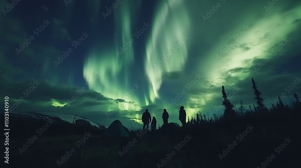 A group of travelers camping under a vivid aurora display in the remote arctic wilderness A group of travelers camping under a vivid aurora display in the remote arctic wilderness