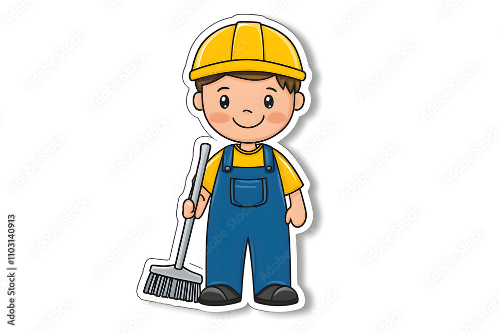 Cute Cartoon Janitor Sticker Illustration Cute Cartoon Janitor Sticker Illustration