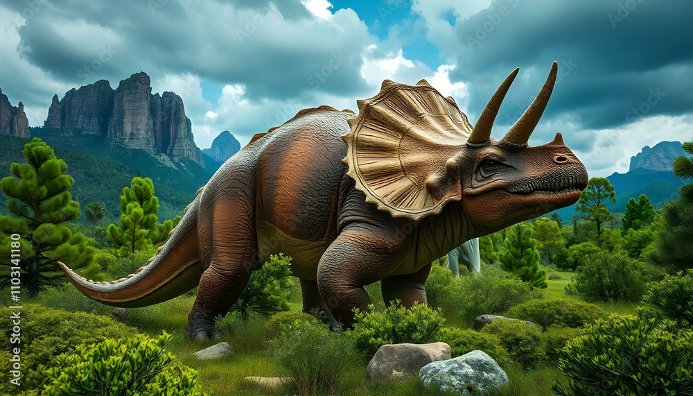 Fototapeta premium Un dinosaurio grande y de aspecto feroz en un exuberante paisaje prehistórico con montañas, bosques y un cielo nublado al fondo